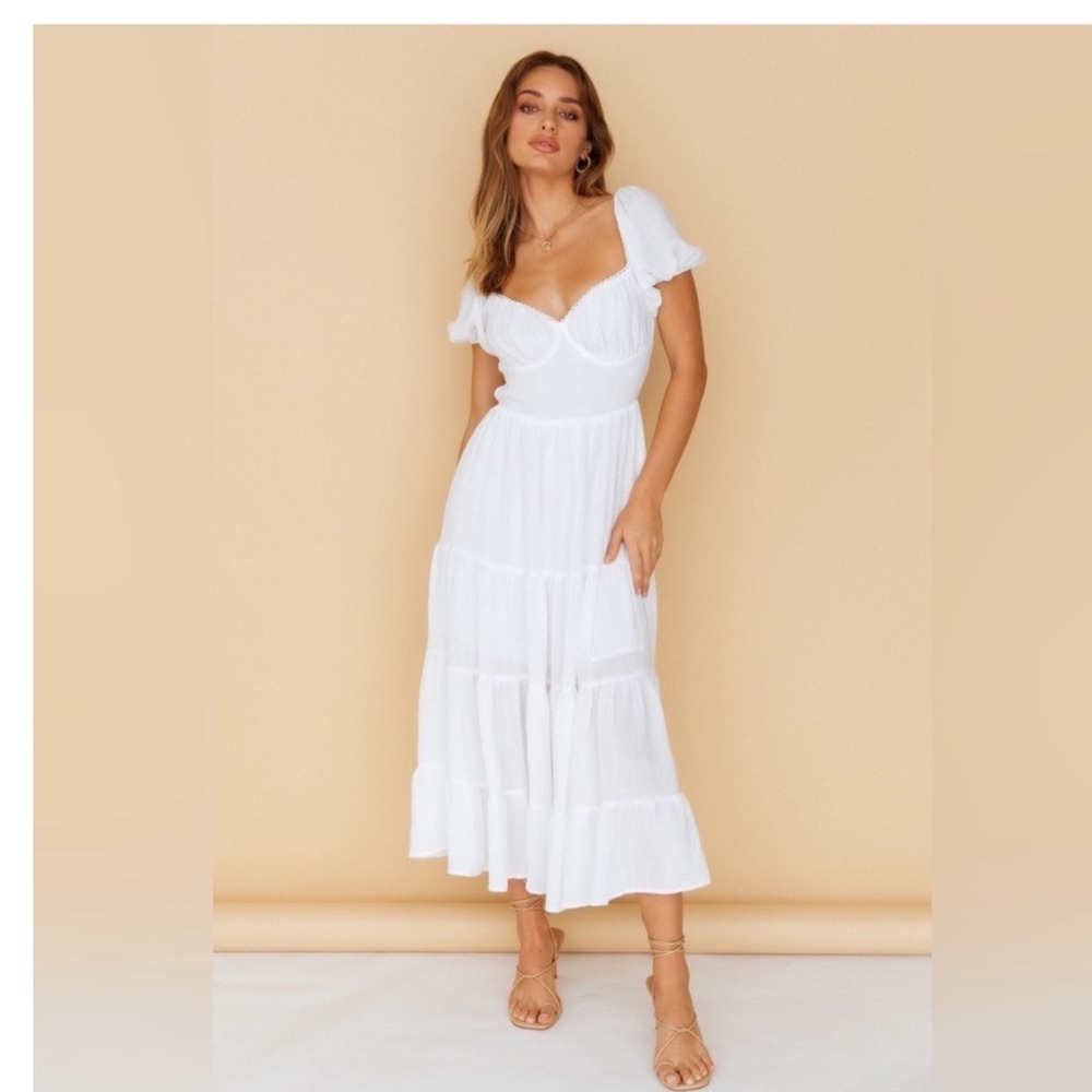 Princess Polly Danny White Cotton Tiered Puff Sleeve Midi Dress Tie Back size 12 - Picture 2 of 14